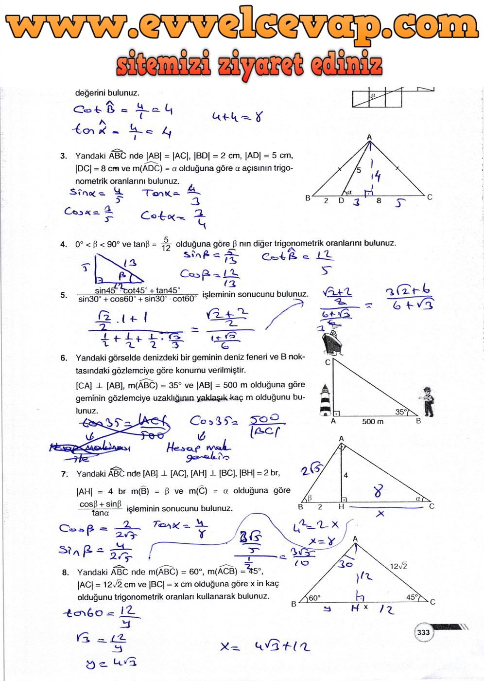 9. Sınıf &Ouml;dev Yayınları Matematik Ders Kitabı Sayfa 333 Cevabı