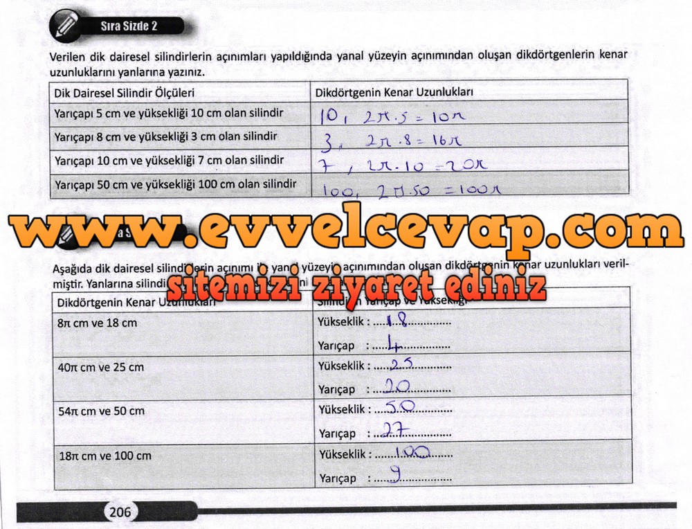 8. Sınıf Matematik Ders Kitabı Sayfa 206 Cevapları Meb Yayınları