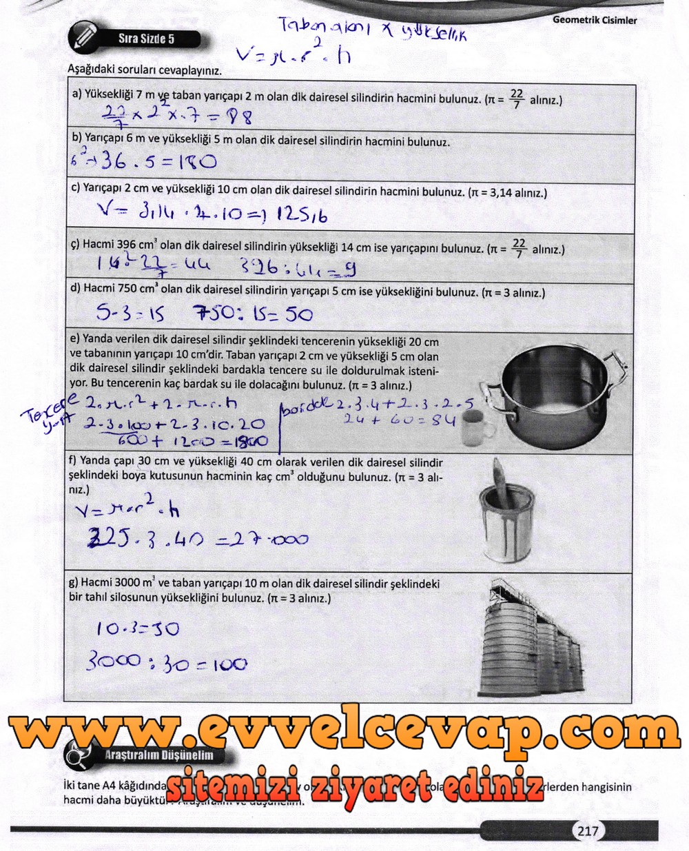 8. Sınıf Matematik Ders Kitabı Sayfa 217 Cevapları Meb Yayınları