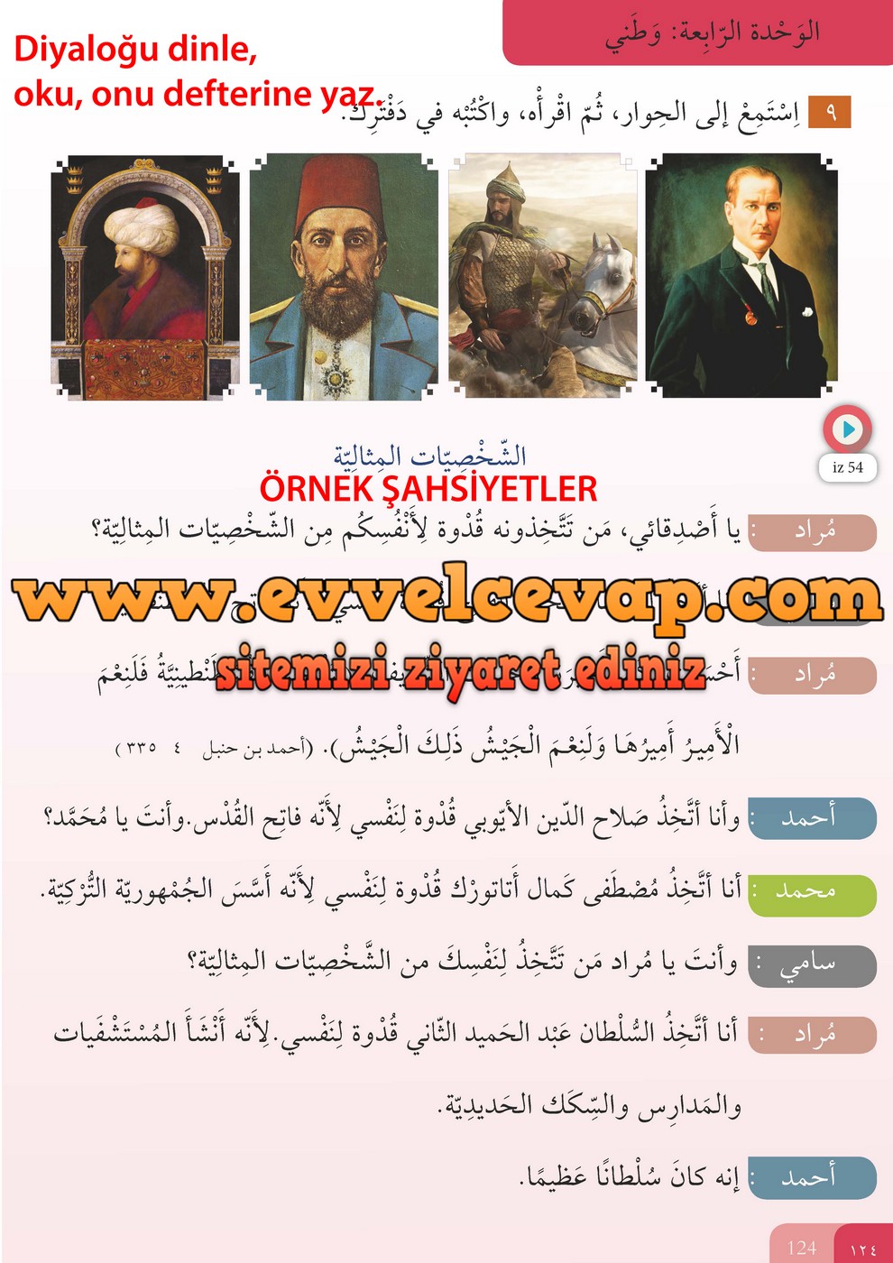 7. Sınıf Meb Yayınları Arapça Ders ve Öğrenci Çalışma Kitabı Sayfa 124 Cevabı