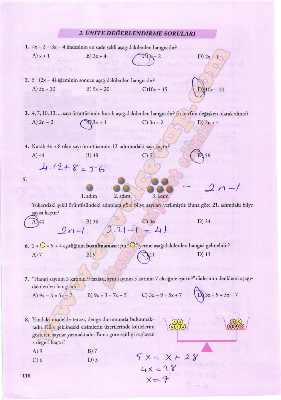 7. Sınıf Matematik Ekoyay Yayınları Ders Kitabı Sayfa 118 Cevapları