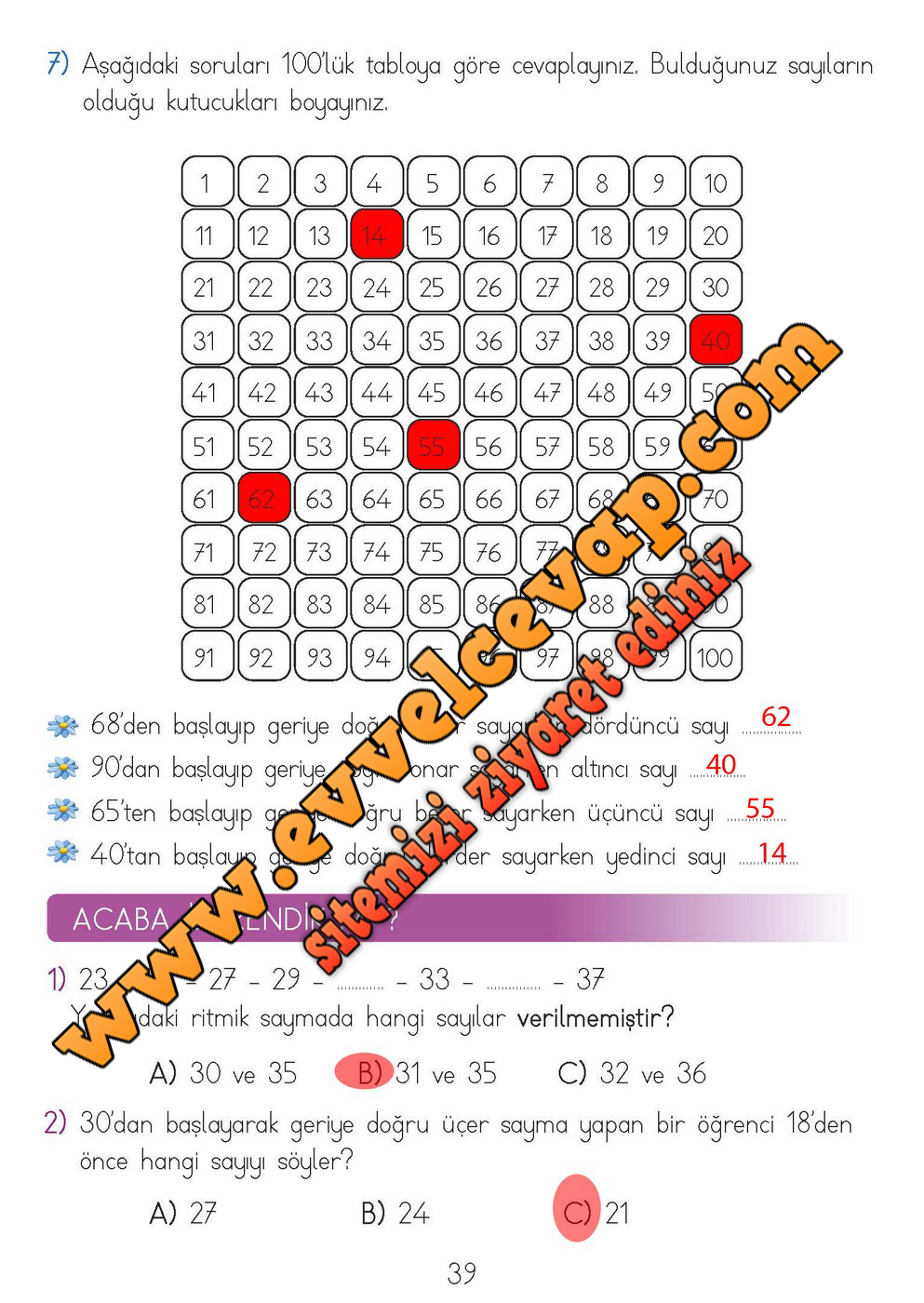 2. Sınıf Matematik Meb Yayınları Ders Kitabı Cevapları Sayfa 39
