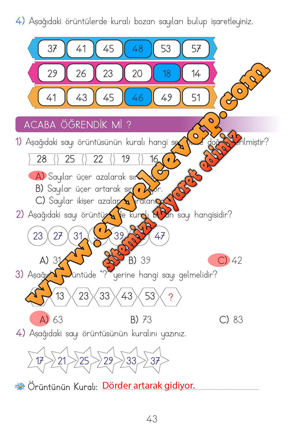 2. Sınıf Matematik Meb Yayınları Ders Kitabı Cevapları Sayfa 43