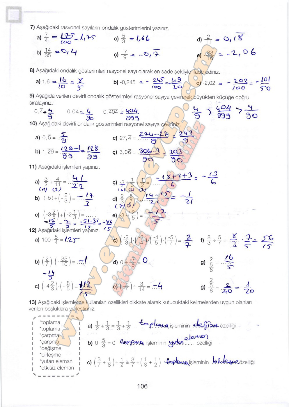 7. Sınıf Matematik Meb Yayınları Ders Kitabı Sayfa 106 Cevapları