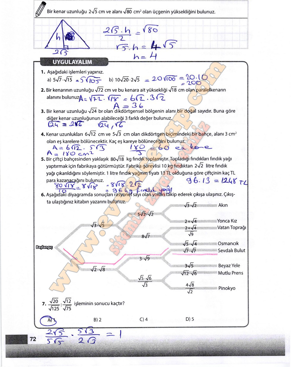 8. Sınıf Matematik Meb Yayınları Ders Kitabı Sayfa 72 Cevapları