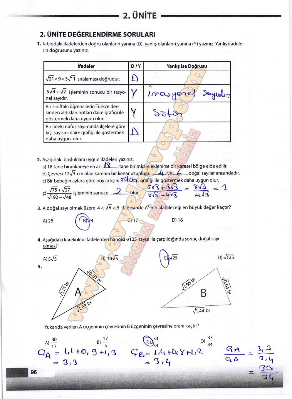 8. Sınıf Matematik Meb Yayınları Ders Kitabı Sayfa 96 Cevapları