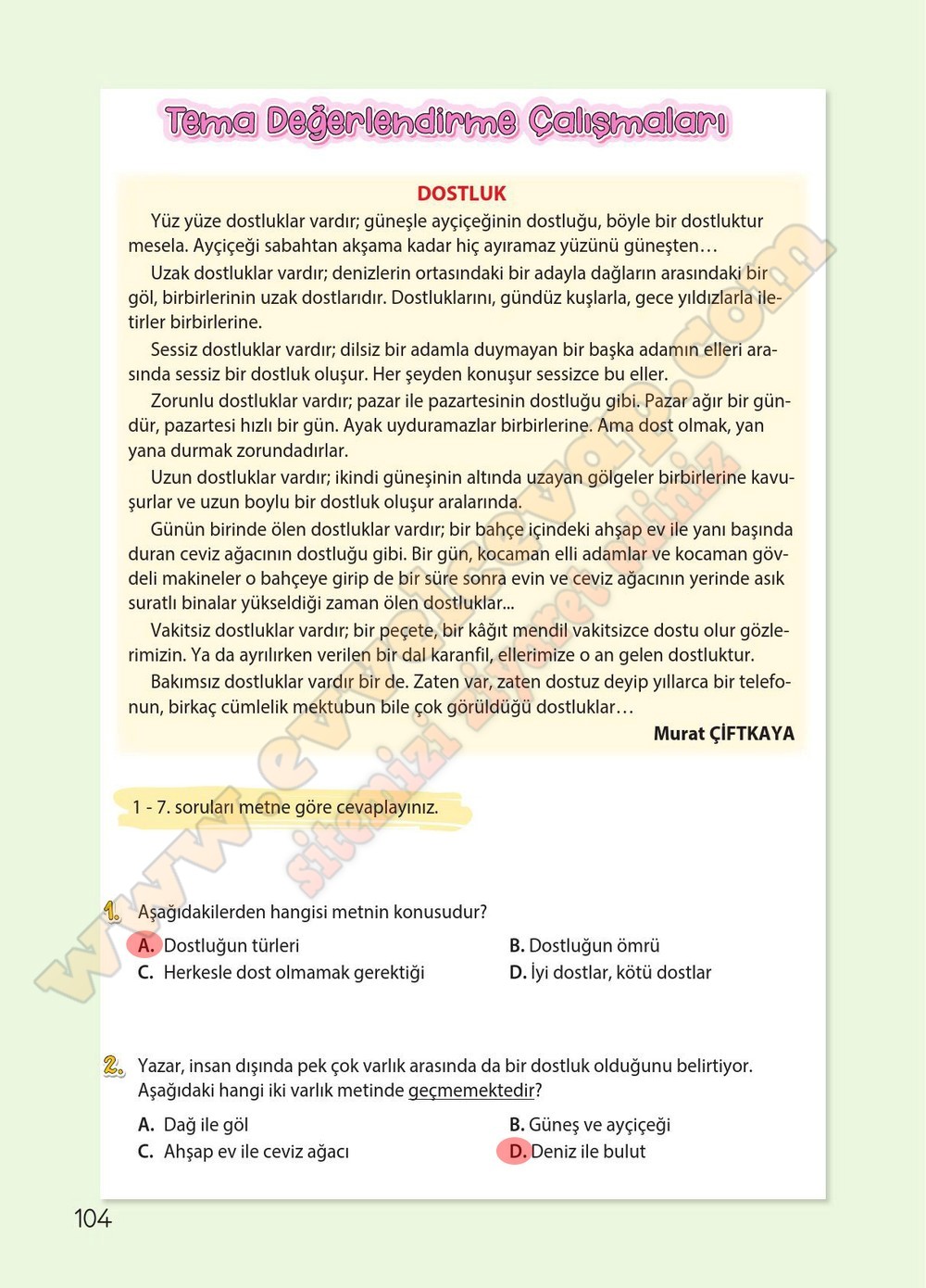 4. sınıf Koza Yayınları T&uuml;rk&ccedil;e Ders Kitabı Cevapları Sayfa 104