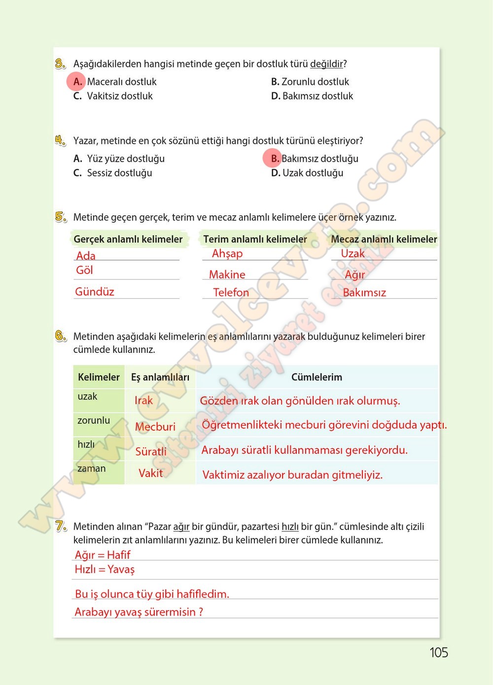 4. sınıf Koza Yayınları T&uuml;rk&ccedil;e Ders Kitabı Cevapları Sayfa 105