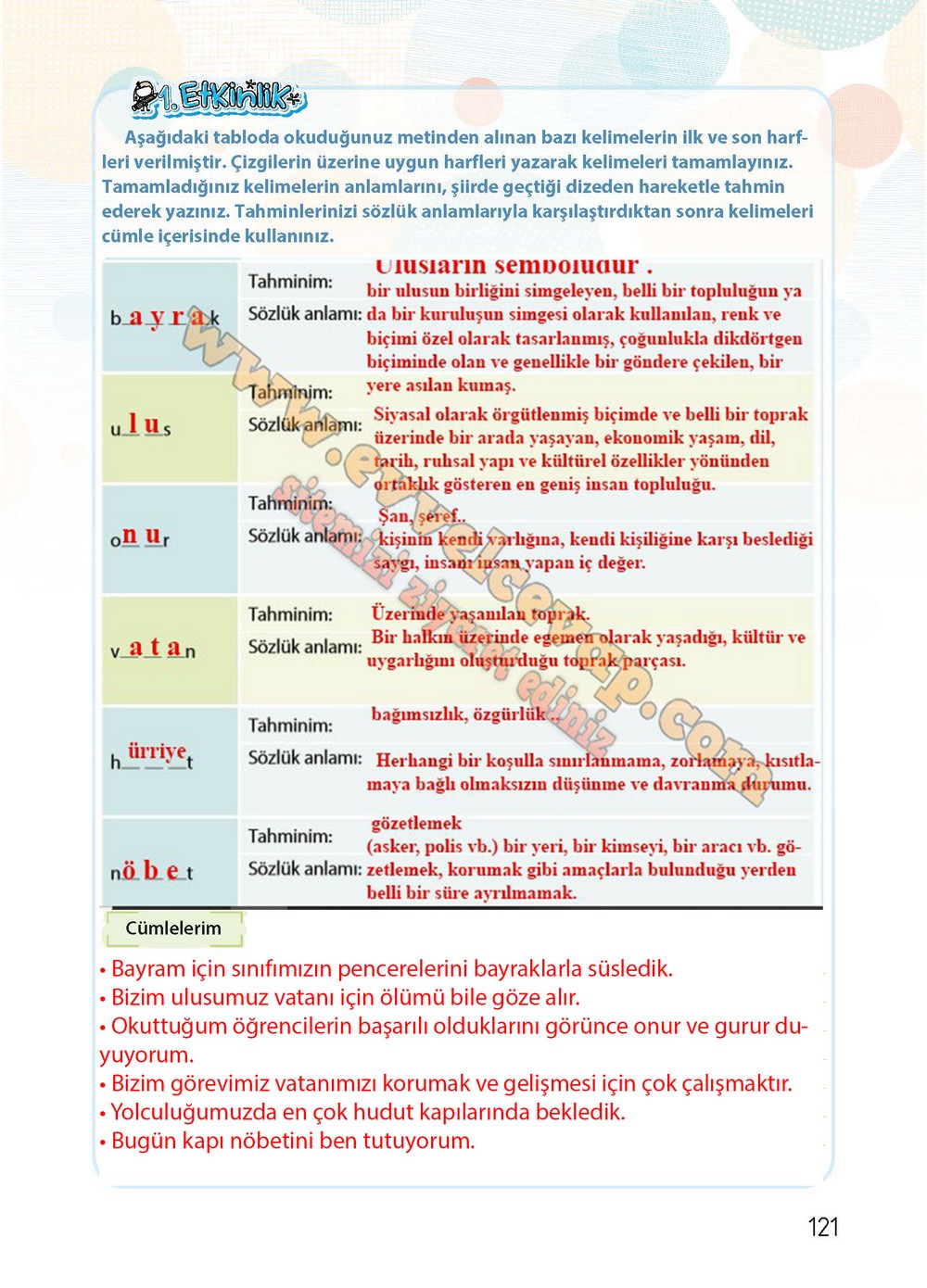4. sınıf Koza Yayınları T&uuml;rk&ccedil;e Ders Kitabı Cevapları Sayfa 121