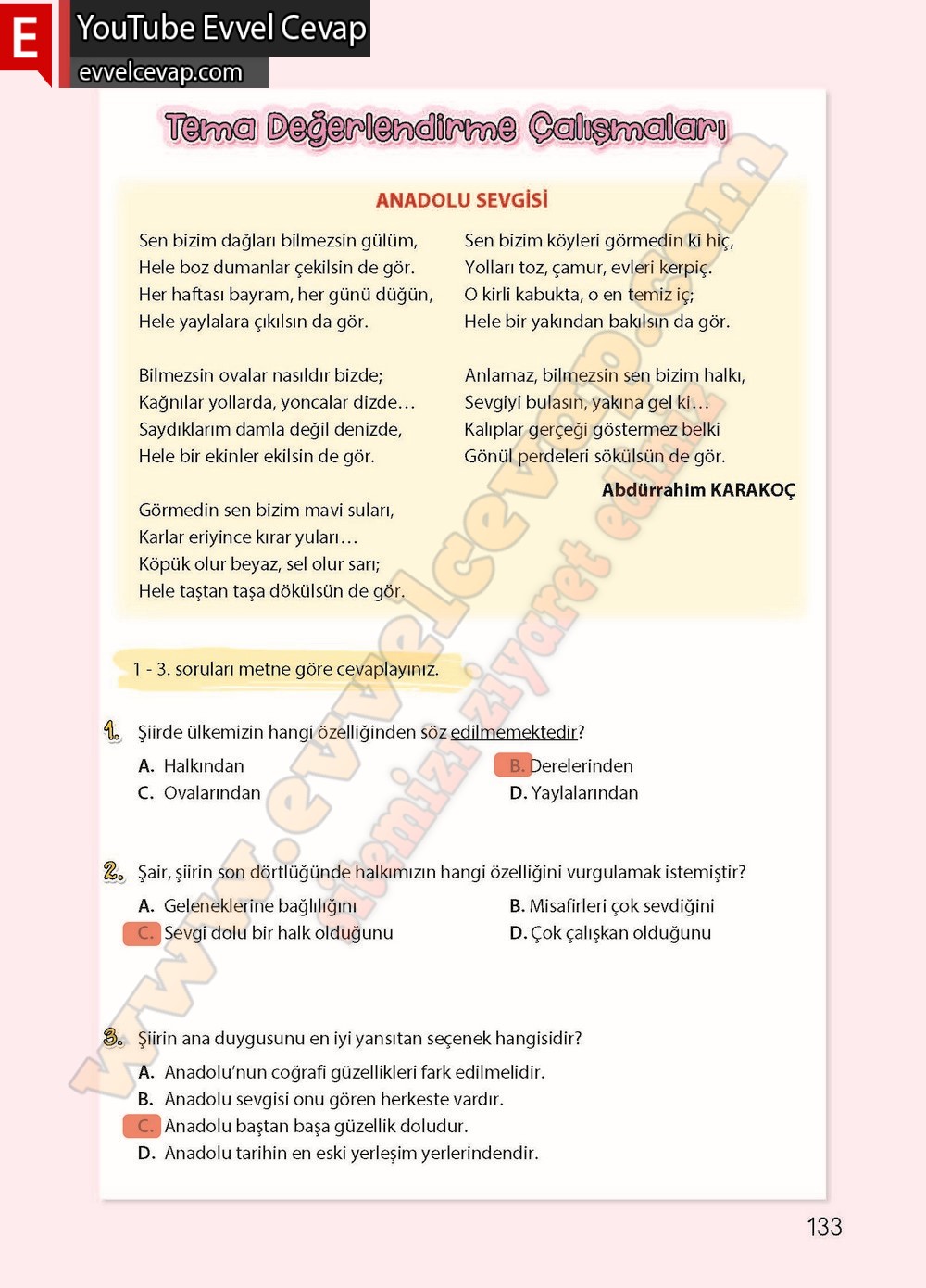 4. sınıf Koza Yayınları T&uuml;rk&ccedil;e Ders Kitabı Cevapları Sayfa 133