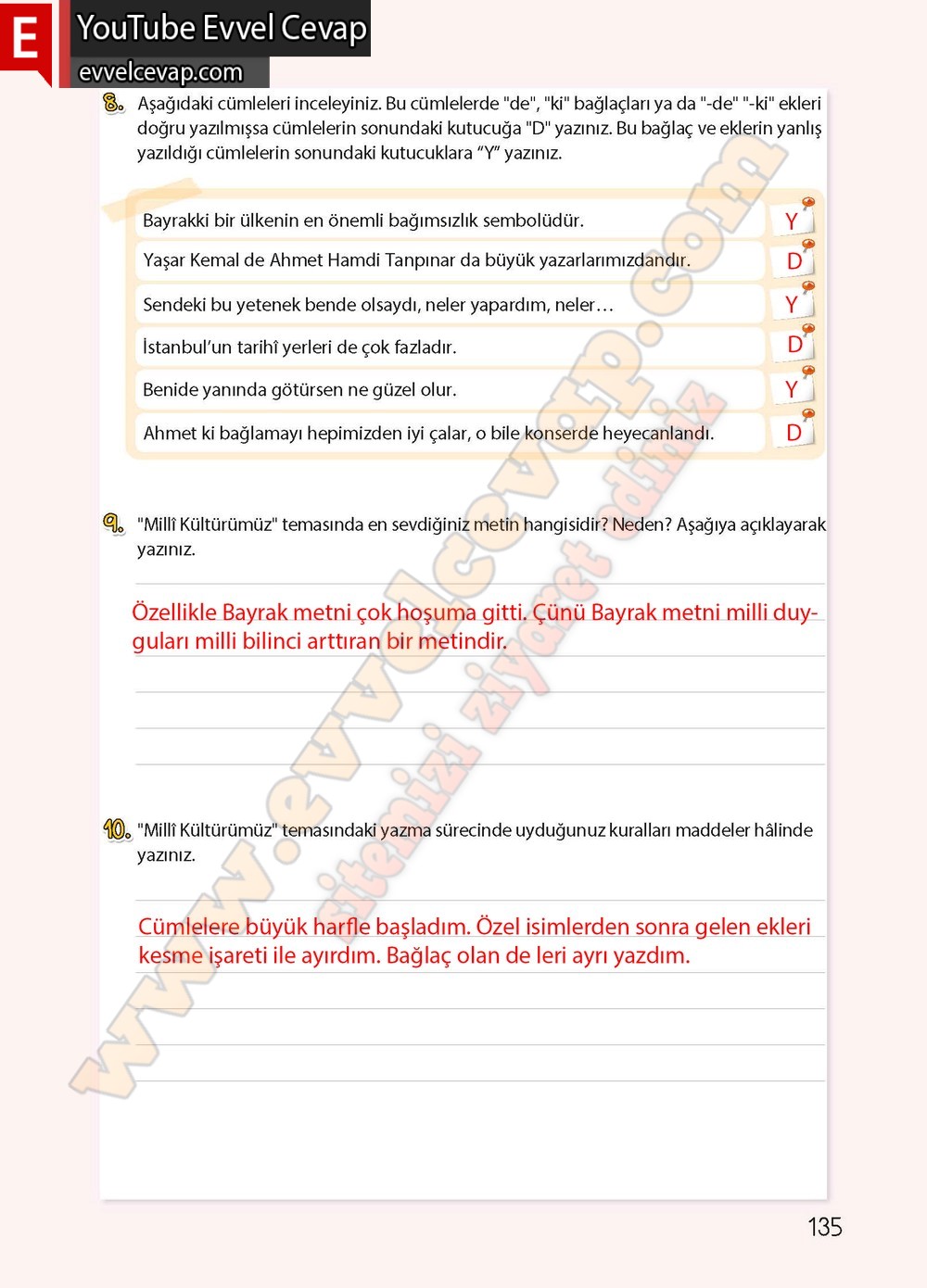 4. sınıf Koza Yayınları T&uuml;rk&ccedil;e Ders Kitabı Cevapları Sayfa 135