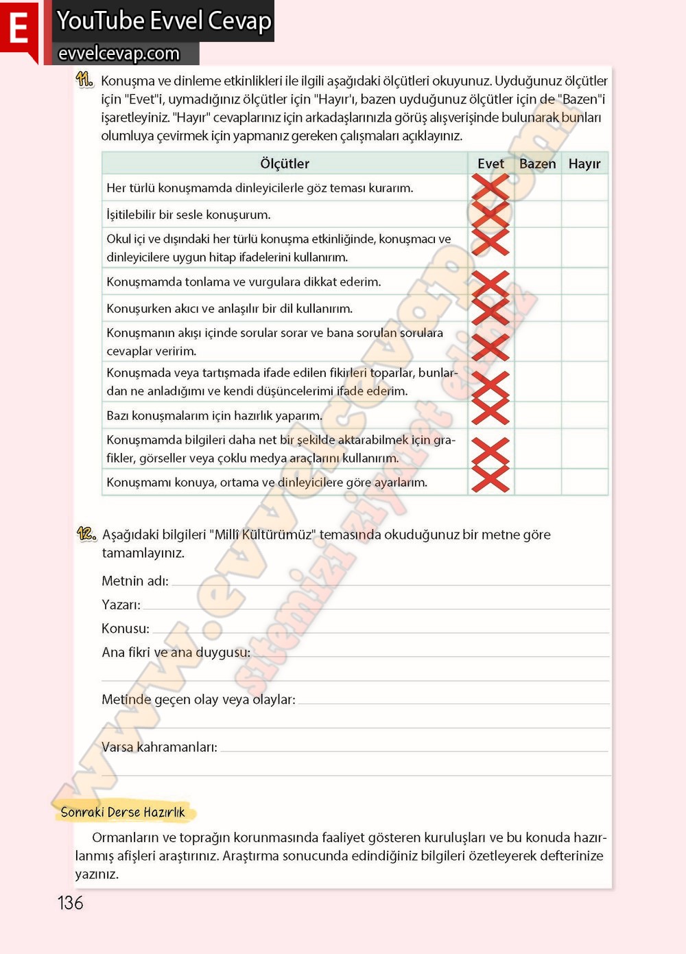 4. sınıf Koza Yayınları T&uuml;rk&ccedil;e Ders Kitabı Cevapları Sayfa 136