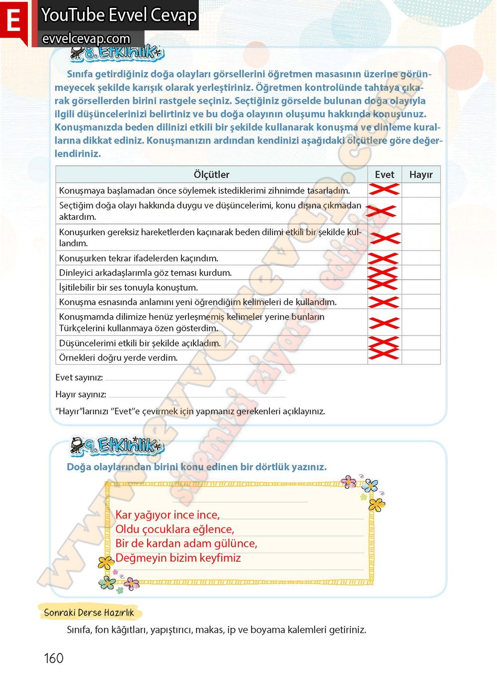 4. sınıf Koza Yayınları T&uuml;rk&ccedil;e Ders Kitabı Cevapları Sayfa 160