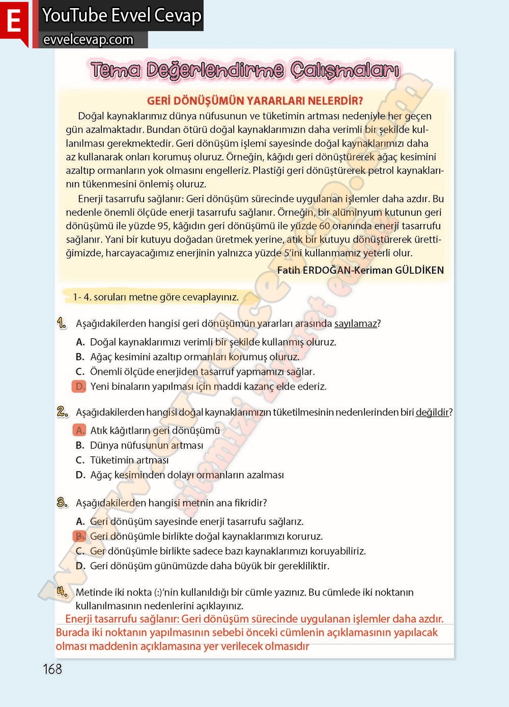 4. sınıf Koza Yayınları T&uuml;rk&ccedil;e Ders Kitabı Cevapları Sayfa 168