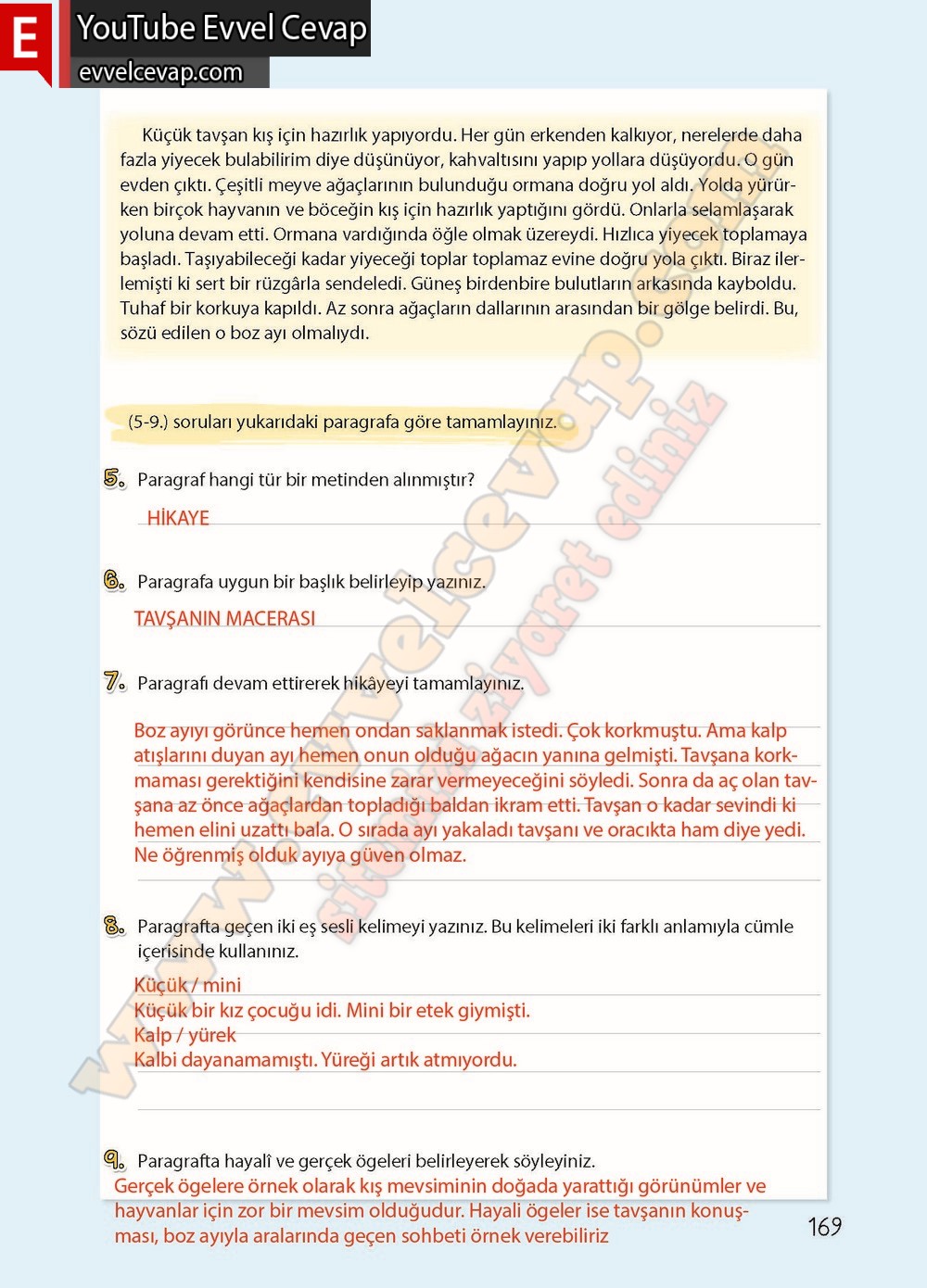 4. sınıf Koza Yayınları T&uuml;rk&ccedil;e Ders Kitabı Cevapları Sayfa 169