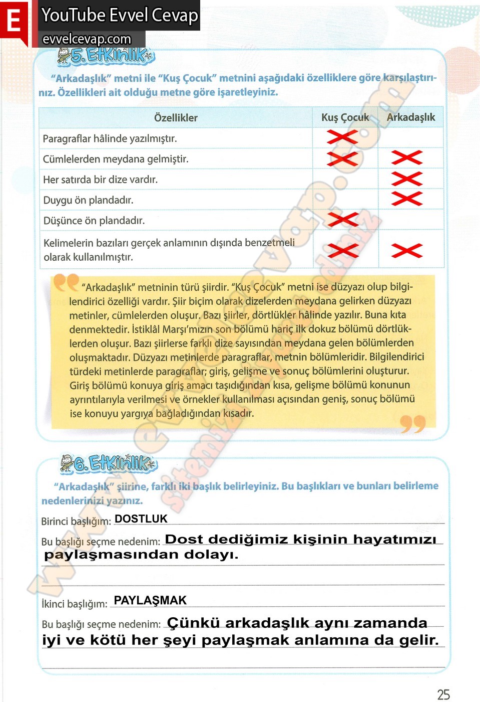 4. sınıf Koza Yayınları T&uuml;rk&ccedil;e Ders Kitabı Cevapları Sayfa 25