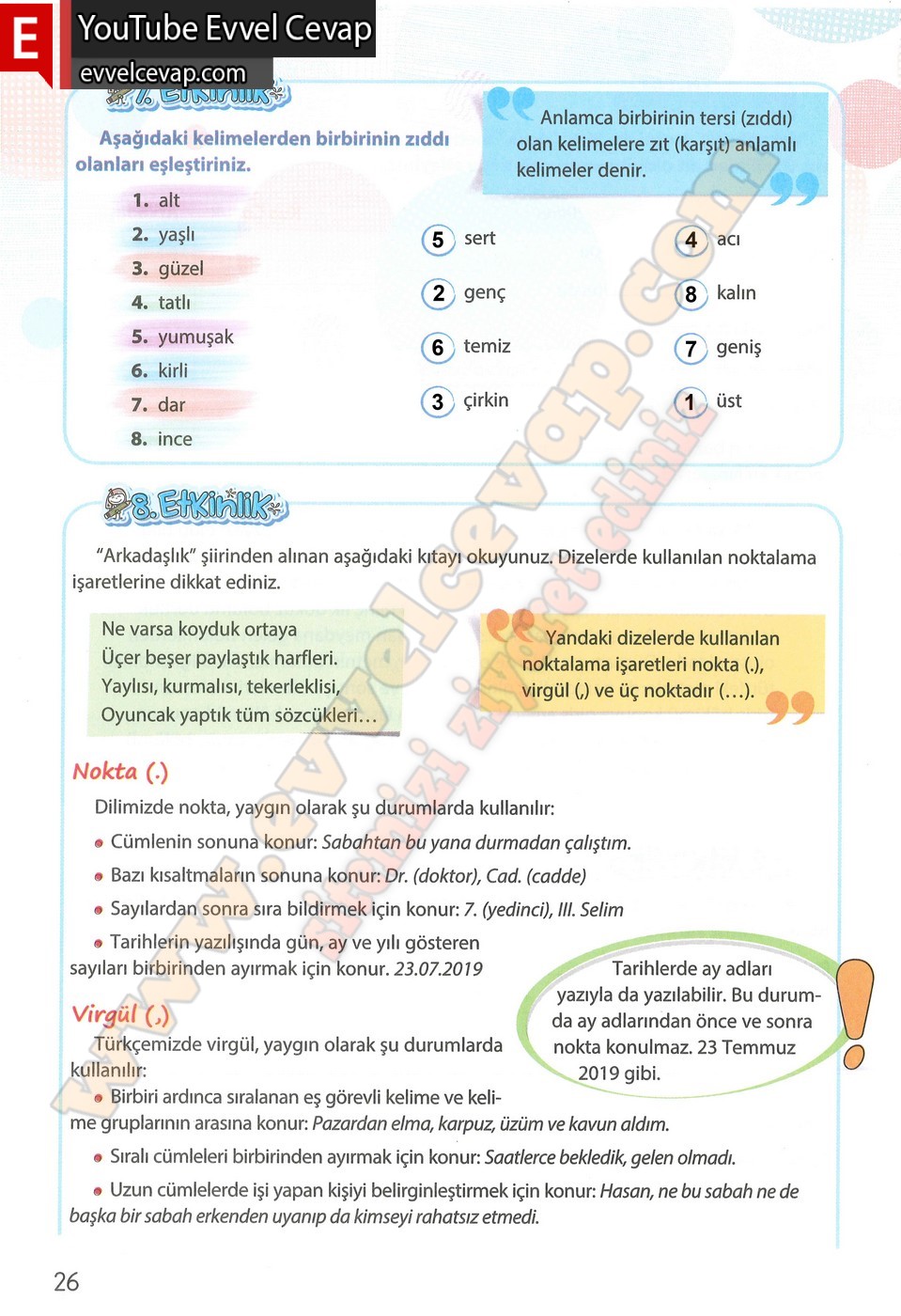 4. sınıf Koza Yayınları T&uuml;rk&ccedil;e Ders Kitabı Cevapları Sayfa 26