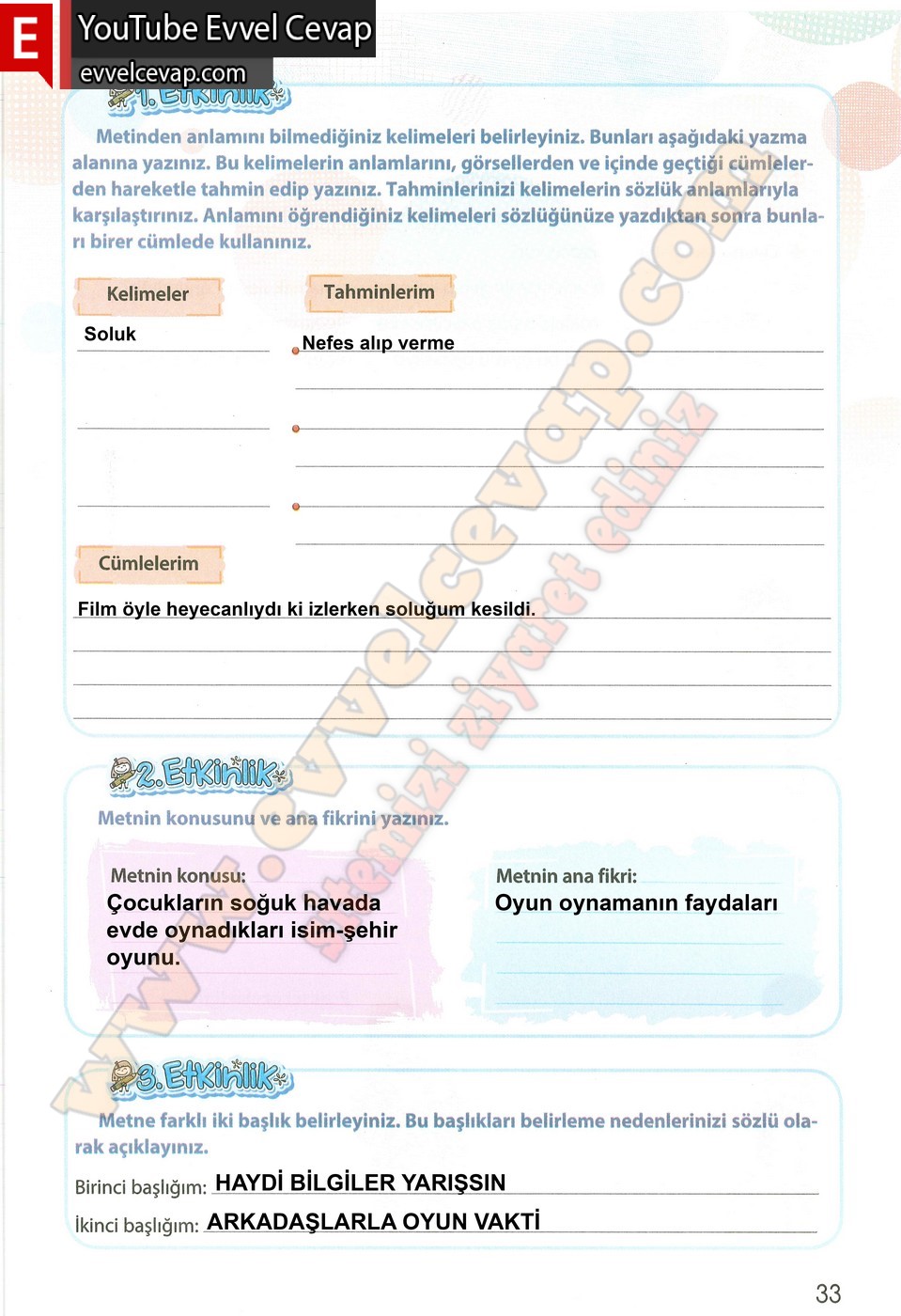 4. sınıf Koza Yayınları T&uuml;rk&ccedil;e Ders Kitabı Cevapları Sayfa 33