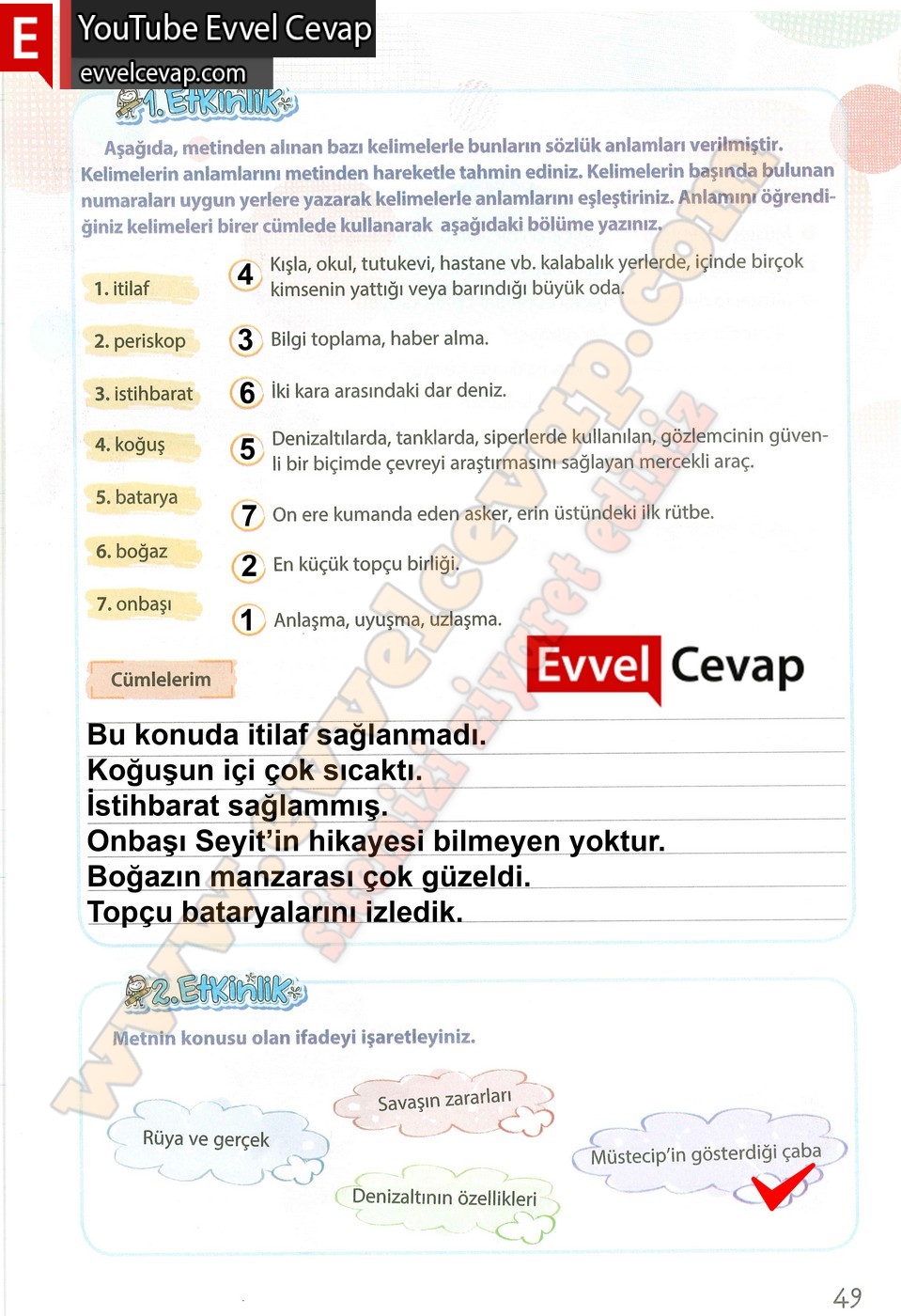 4. sınıf Koza Yayınları T&uuml;rk&ccedil;e Ders Kitabı Cevapları Sayfa 49
