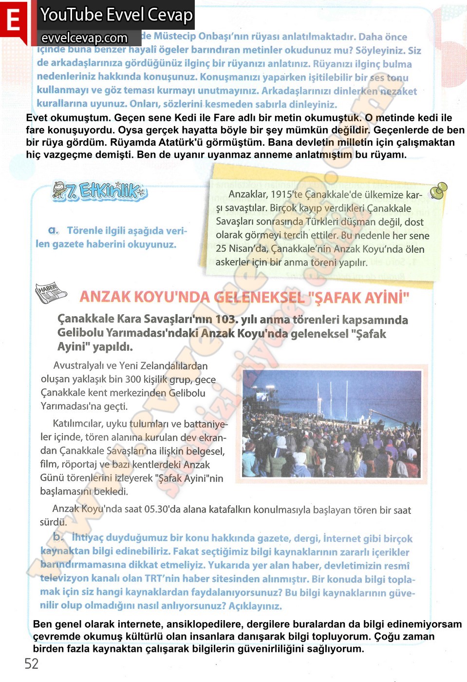 4. sınıf Koza Yayınları T&uuml;rk&ccedil;e Ders Kitabı Cevapları Sayfa 52