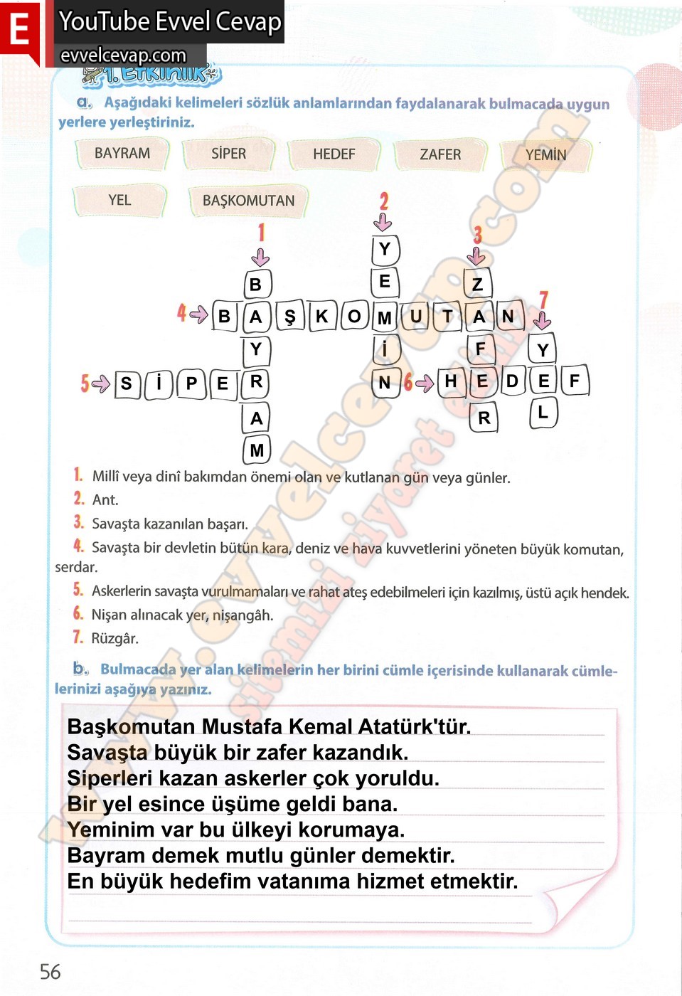 4. sınıf Koza Yayınları T&uuml;rk&ccedil;e Ders Kitabı Cevapları Sayfa 56