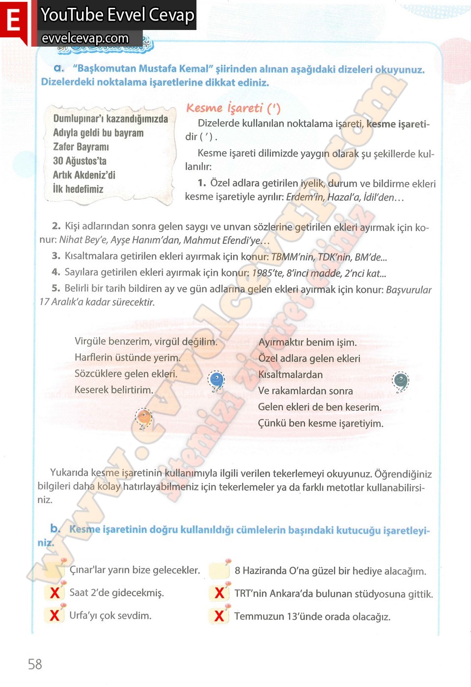 4. sınıf Koza Yayınları T&uuml;rk&ccedil;e Ders Kitabı Cevapları Sayfa 58