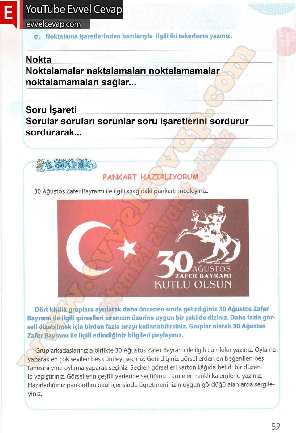 4. sınıf Koza Yayınları T&uuml;rk&ccedil;e Ders Kitabı Cevapları Sayfa 59