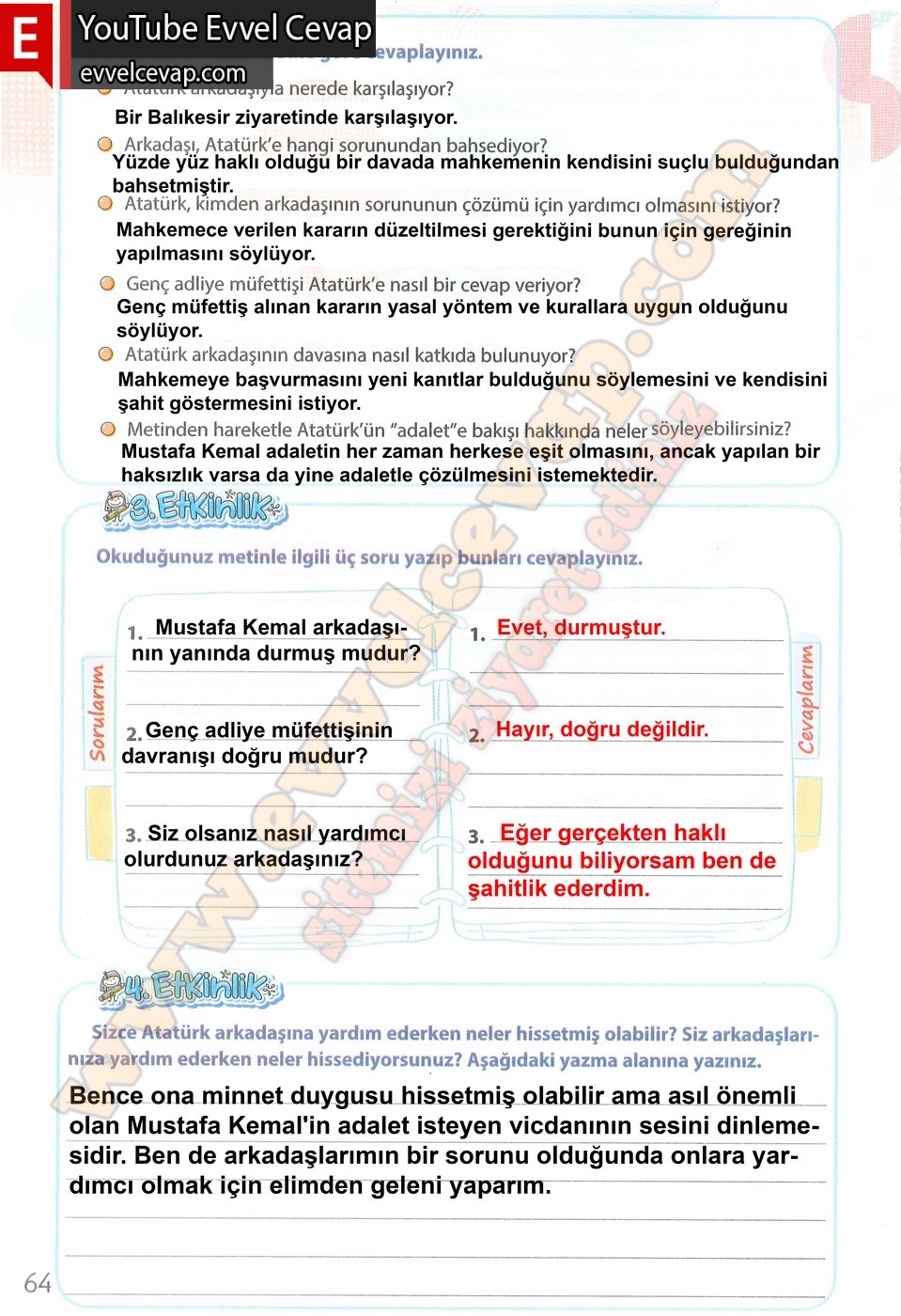 4. sınıf Koza Yayınları Türkçe Ders Kitabı Cevapları Sayfa 64