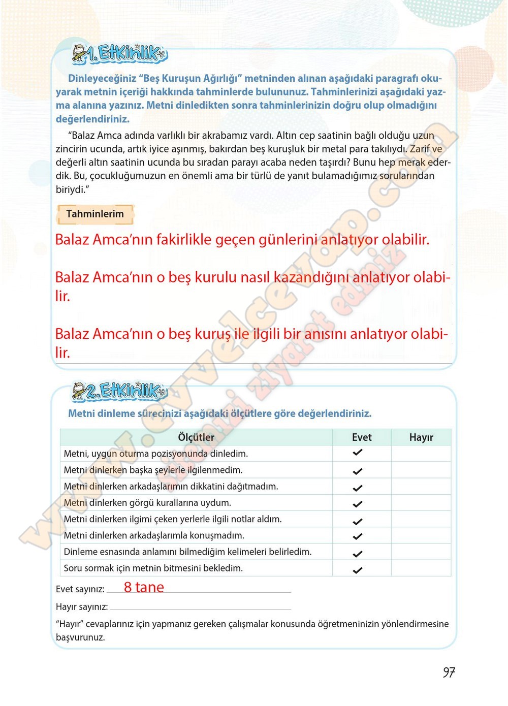 4. sınıf Koza Yayınları T&uuml;rk&ccedil;e Ders Kitabı Cevapları Sayfa 97