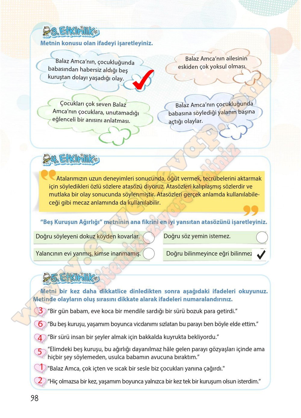 4. sınıf Koza Yayınları T&uuml;rk&ccedil;e Ders Kitabı Cevapları Sayfa 98