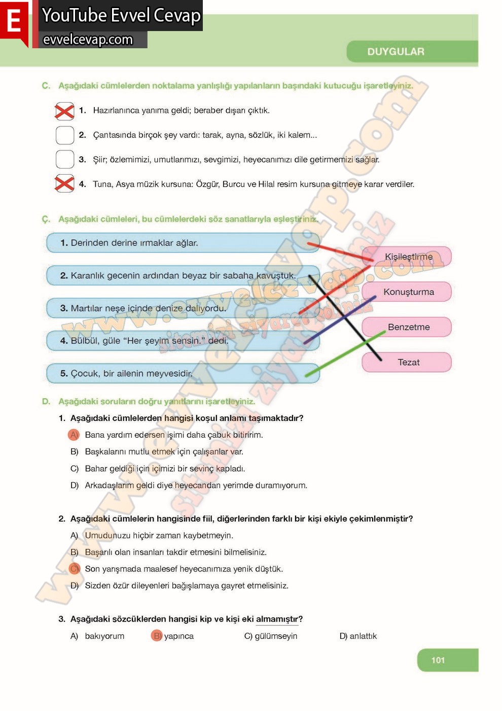 7. Sınıf &Ouml;zg&uuml;n Yayınları T&uuml;rk&ccedil;e Ders Kitabı Cevapları Sayfa 101