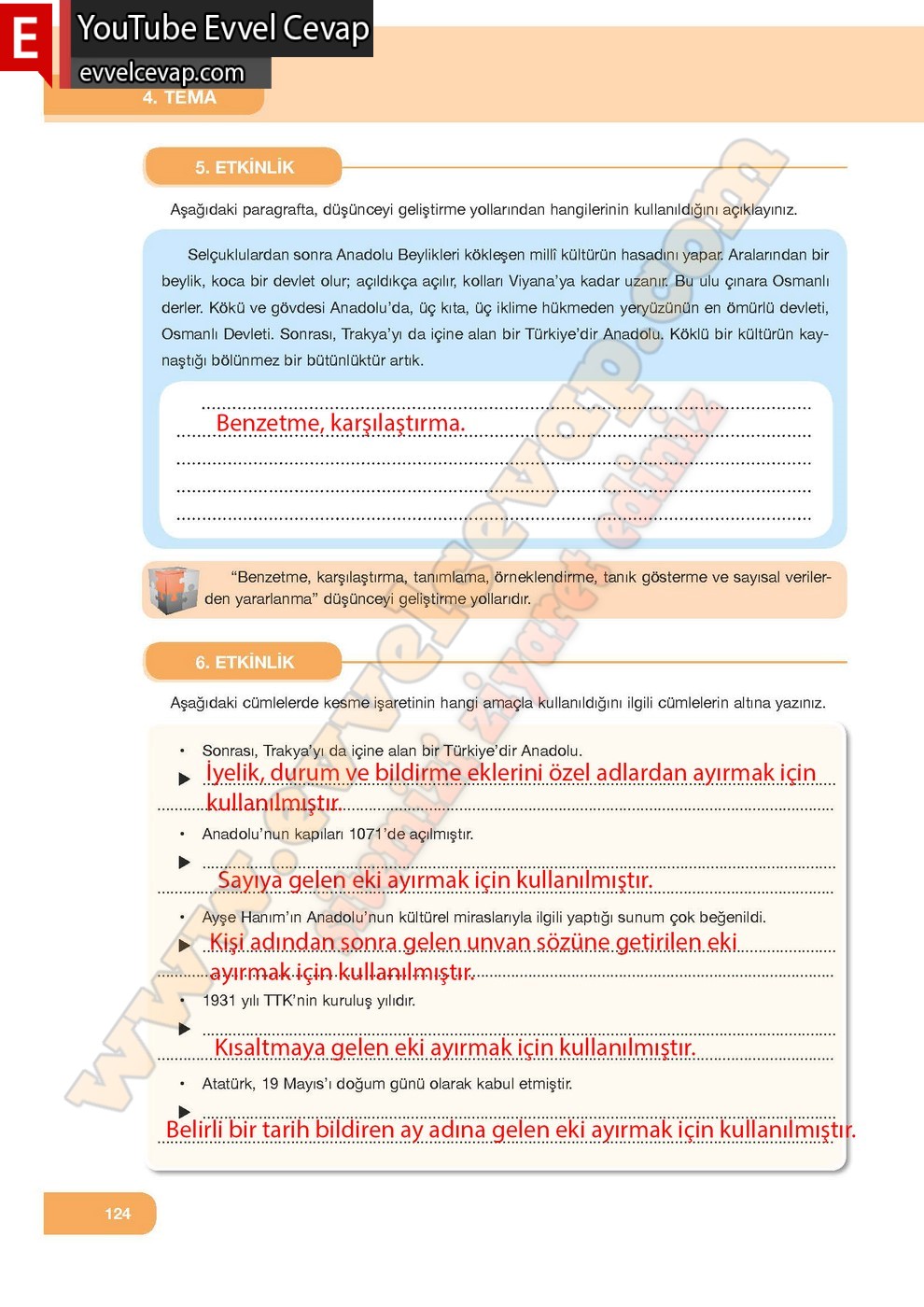 7. Sınıf &Ouml;zg&uuml;n Yayınları T&uuml;rk&ccedil;e Ders Kitabı Cevapları Sayfa 124
