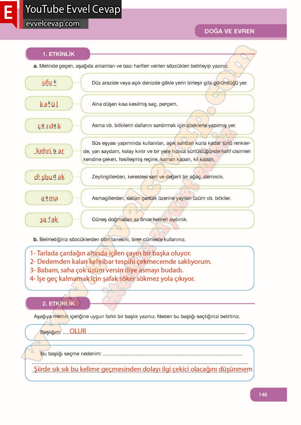 7. Sınıf &Ouml;zg&uuml;n Yayınları T&uuml;rk&ccedil;e Ders Kitabı Cevapları Sayfa 149