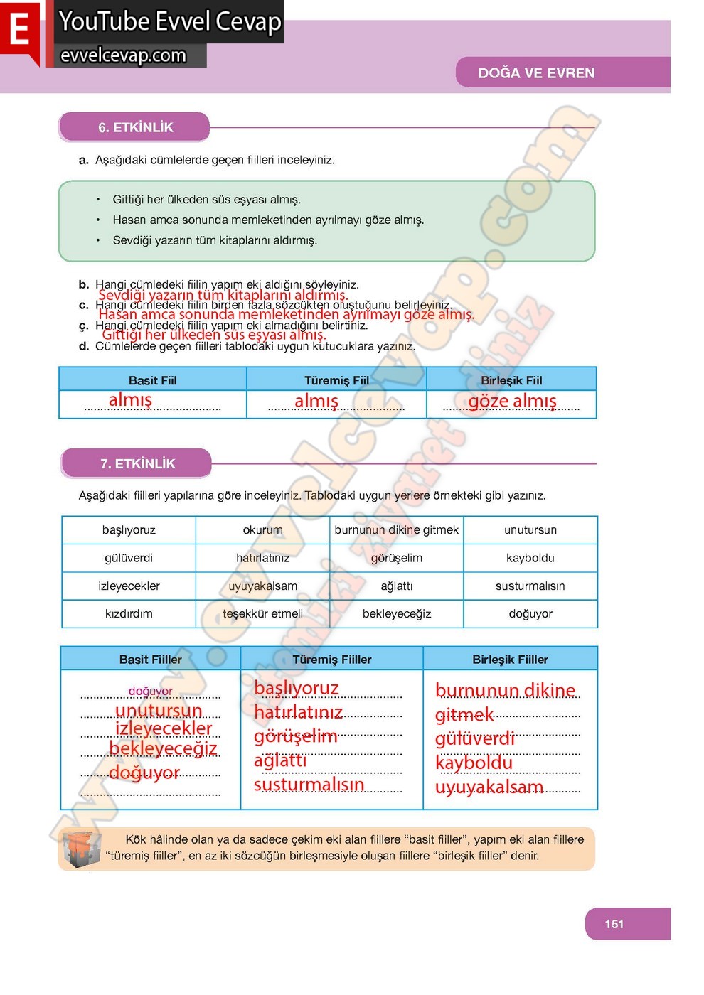 7. Sınıf &Ouml;zg&uuml;n Yayınları T&uuml;rk&ccedil;e Ders Kitabı Cevapları Sayfa 151