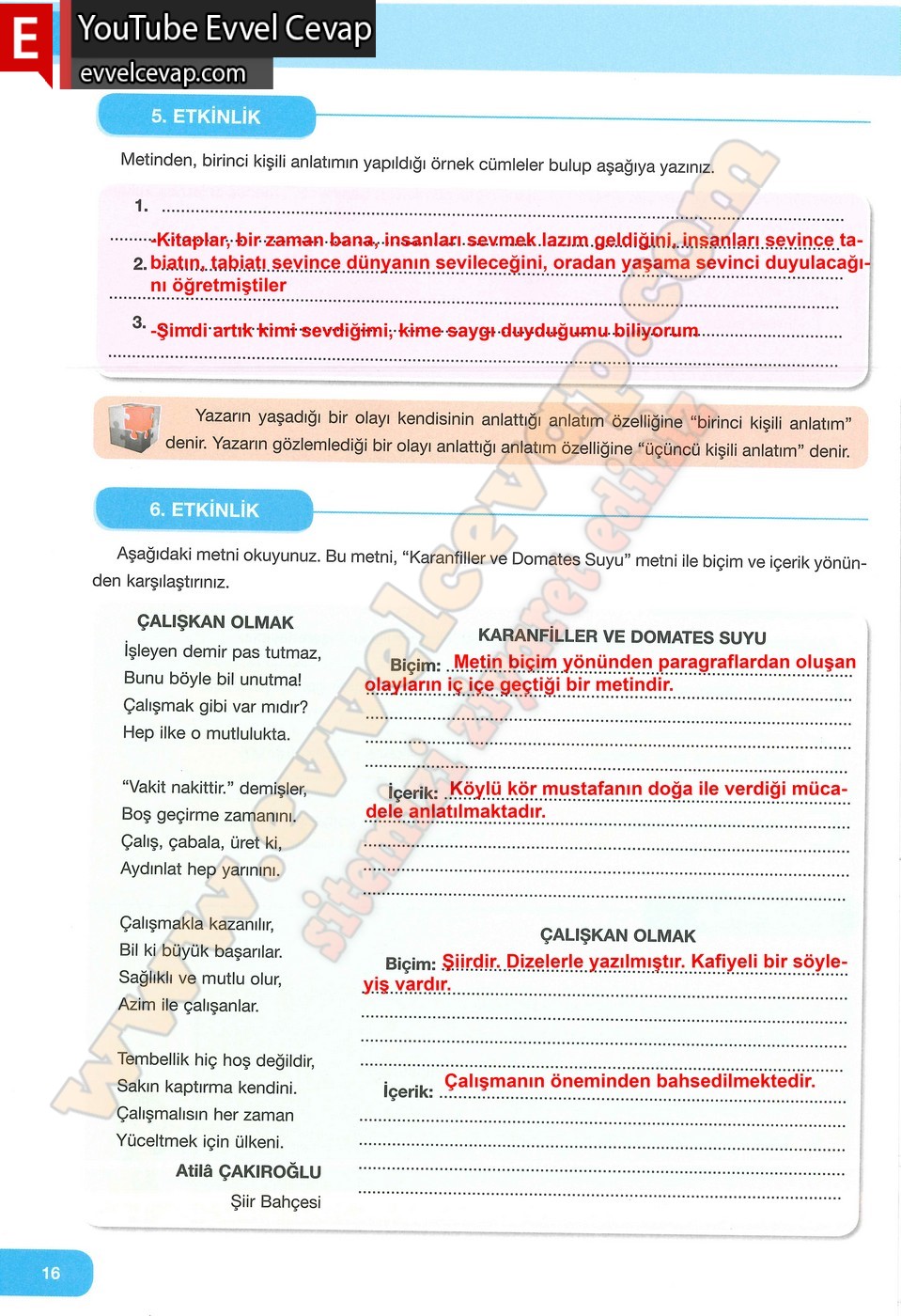 7. Sınıf &Ouml;zg&uuml;n Yayınları T&uuml;rk&ccedil;e Ders Kitabı Cevapları Sayfa 16