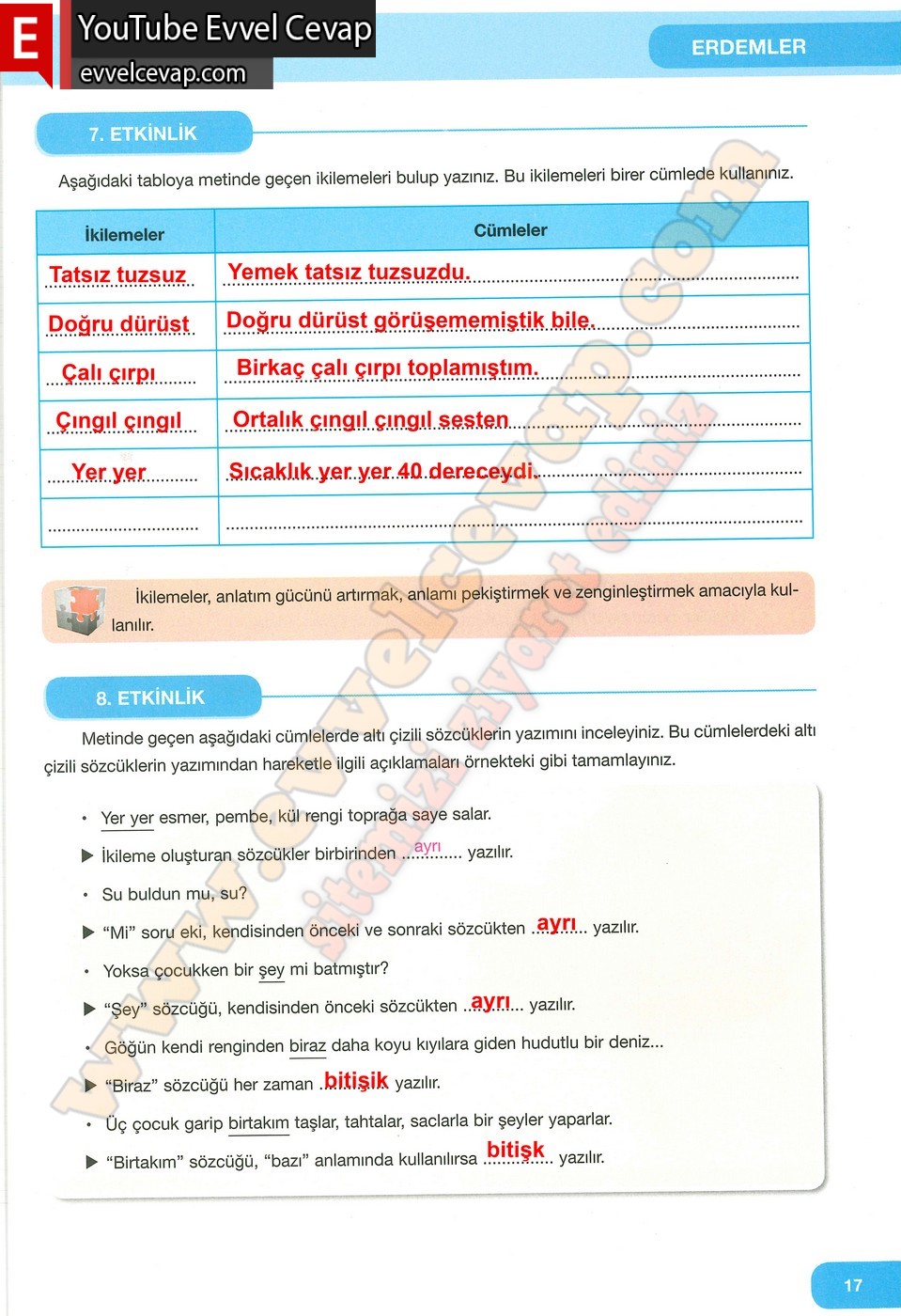 7. Sınıf &Ouml;zg&uuml;n Yayınları T&uuml;rk&ccedil;e Ders Kitabı Cevapları Sayfa 17