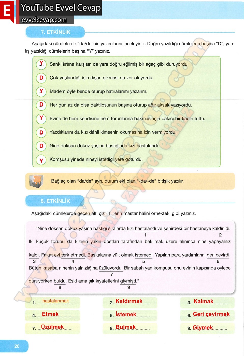 7. Sınıf &Ouml;zg&uuml;n Yayınları T&uuml;rk&ccedil;e Ders Kitabı Cevapları Sayfa 26