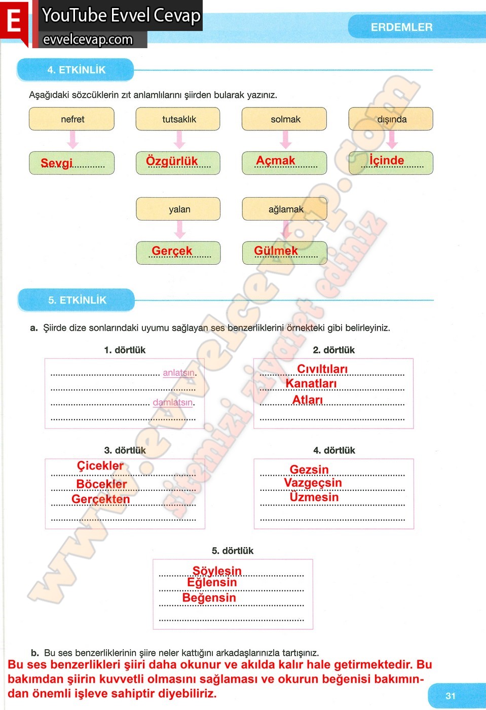 7. Sınıf &Ouml;zg&uuml;n Yayınları T&uuml;rk&ccedil;e Ders Kitabı Cevapları Sayfa 31