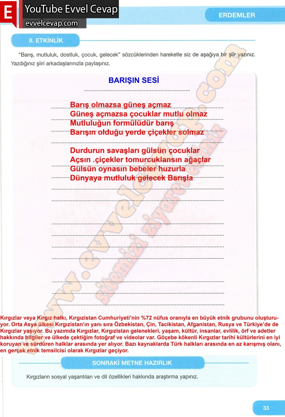 7. Sınıf &Ouml;zg&uuml;n Yayınları T&uuml;rk&ccedil;e Ders Kitabı Cevapları Sayfa 33