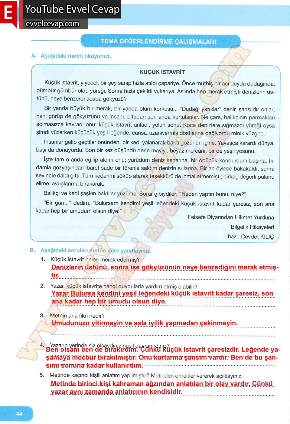 7. Sınıf &Ouml;zg&uuml;n Yayınları T&uuml;rk&ccedil;e Ders Kitabı Cevapları Sayfa 44