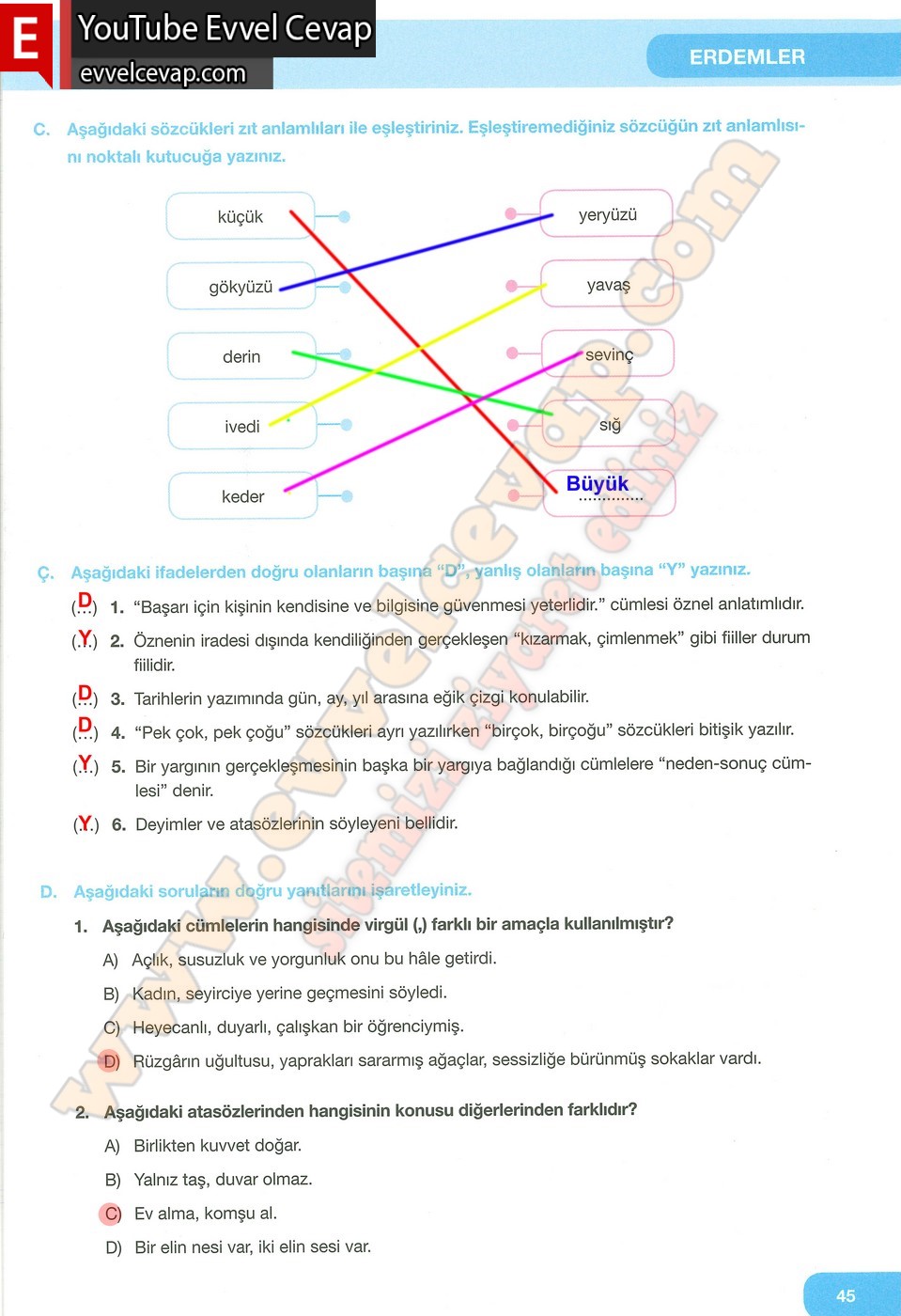7. Sınıf &Ouml;zg&uuml;n Yayınları T&uuml;rk&ccedil;e Ders Kitabı Cevapları Sayfa 45