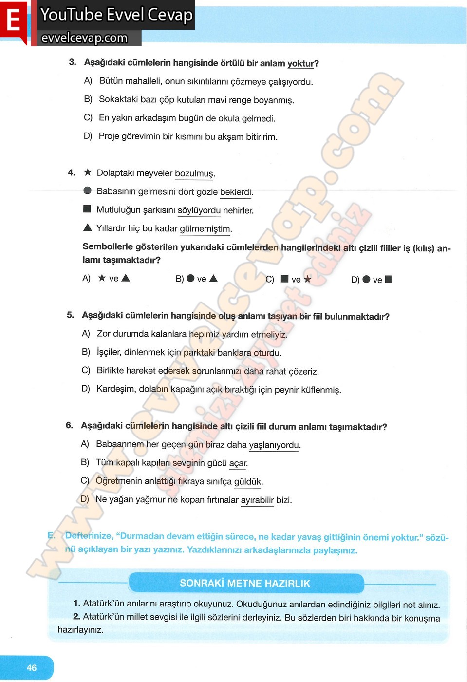 7. Sınıf &Ouml;zg&uuml;n Yayınları T&uuml;rk&ccedil;e Ders Kitabı Cevapları Sayfa 46