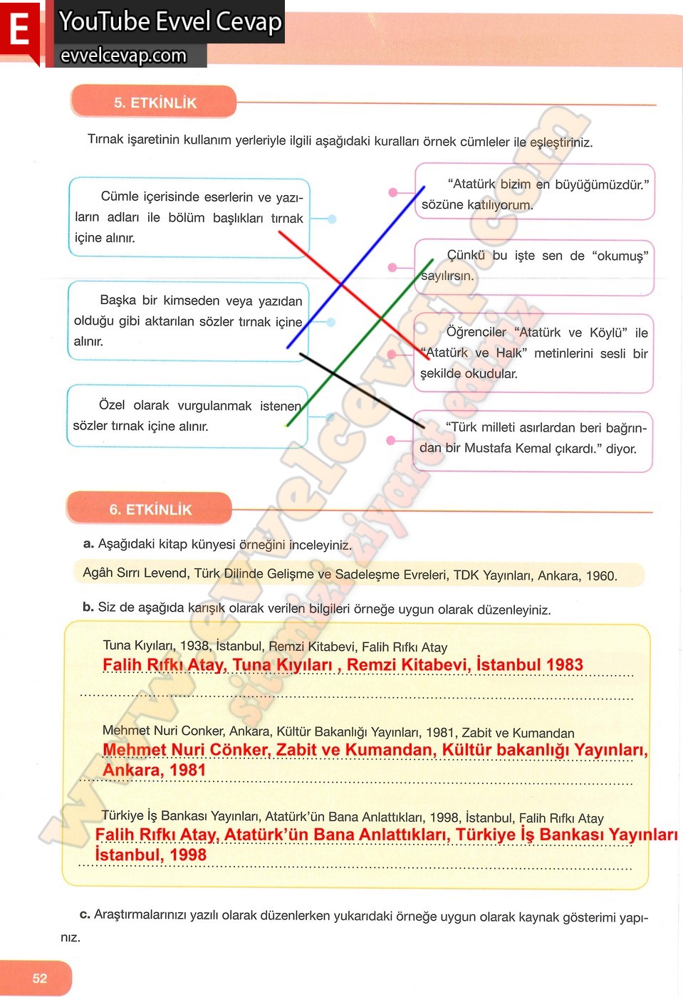 7. Sınıf &Ouml;zg&uuml;n Yayınları T&uuml;rk&ccedil;e Ders Kitabı Cevapları Sayfa 52