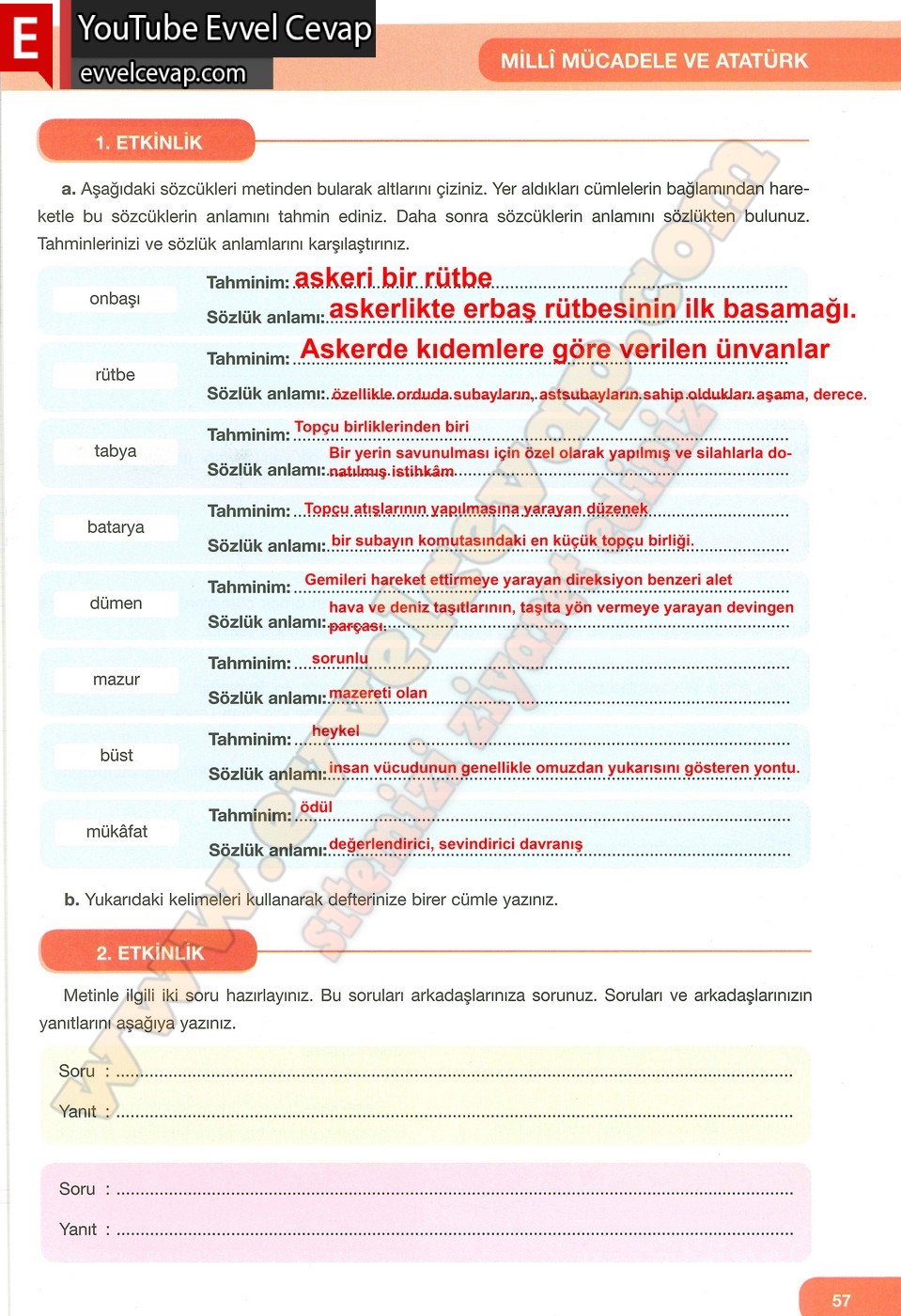 7. Sınıf &Ouml;zg&uuml;n Yayınları T&uuml;rk&ccedil;e Ders Kitabı Cevapları Sayfa 57