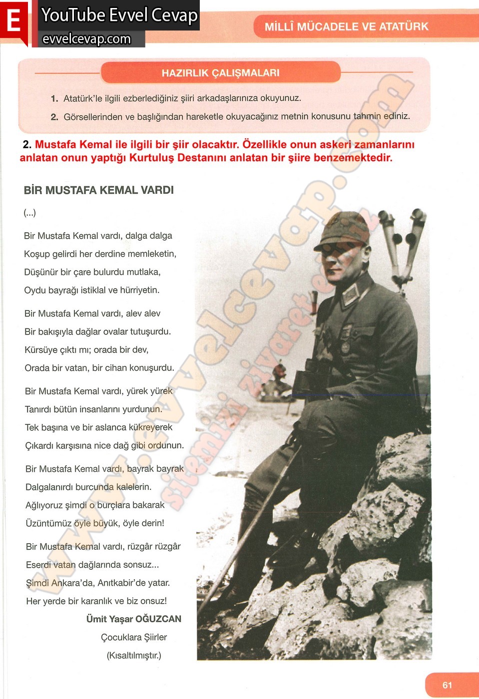 7. Sınıf &Ouml;zg&uuml;n Yayınları T&uuml;rk&ccedil;e Ders Kitabı Cevapları Sayfa 61