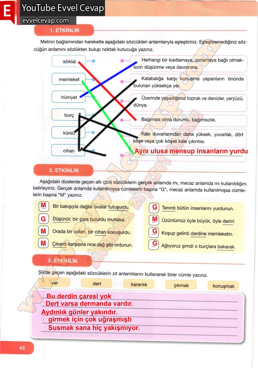 7. Sınıf &Ouml;zg&uuml;n Yayınları T&uuml;rk&ccedil;e Ders Kitabı Cevapları Sayfa 62