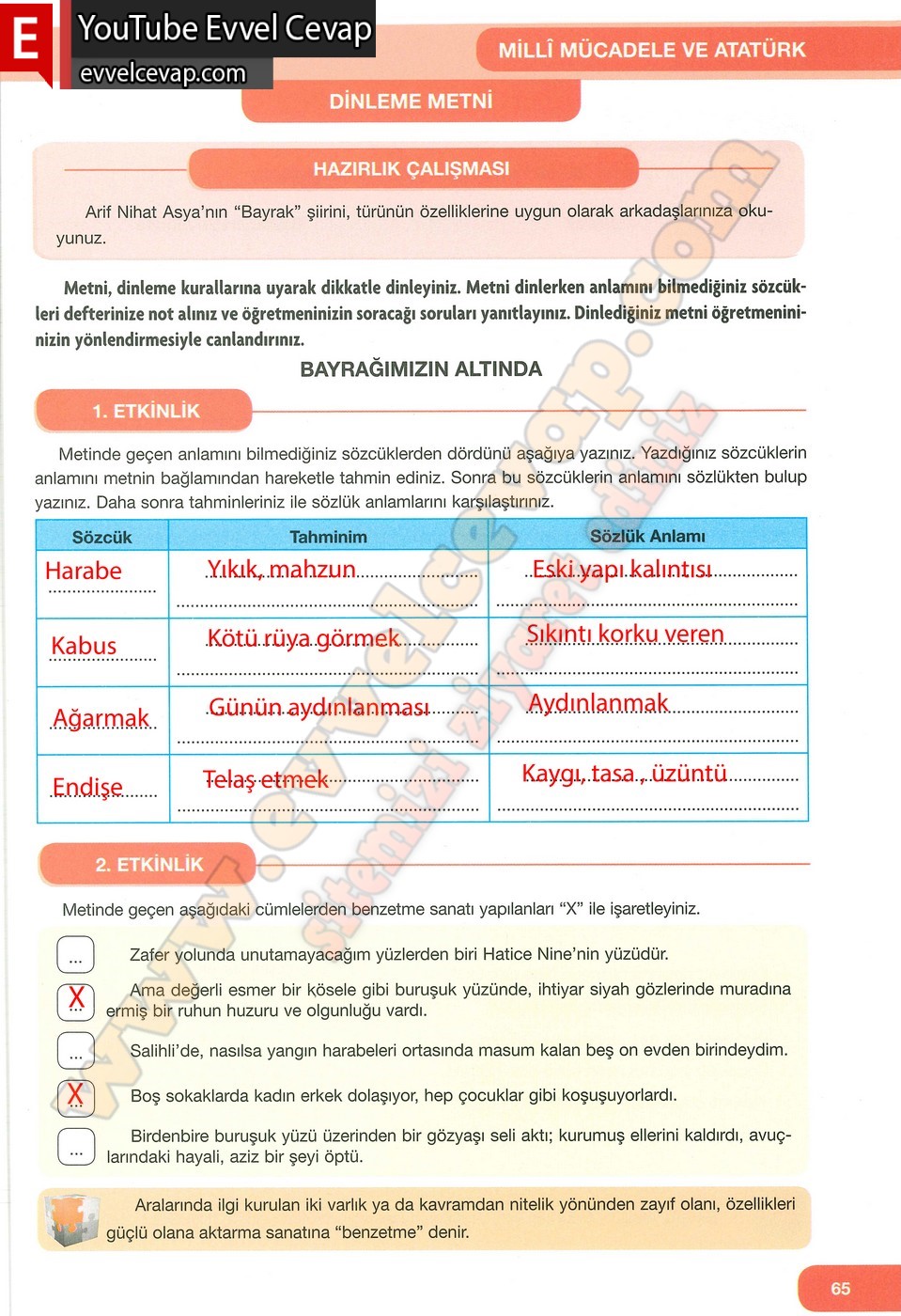 7. Sınıf &Ouml;zg&uuml;n Yayınları T&uuml;rk&ccedil;e Ders Kitabı Cevapları Sayfa 65