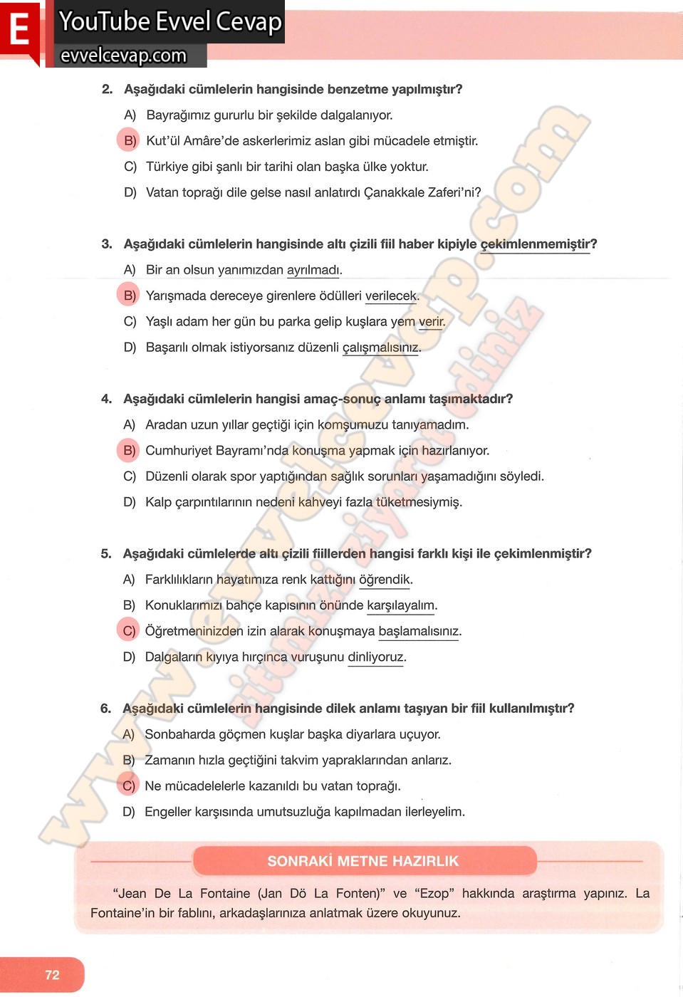 7. Sınıf &Ouml;zg&uuml;n Yayınları T&uuml;rk&ccedil;e Ders Kitabı Cevapları Sayfa 72
