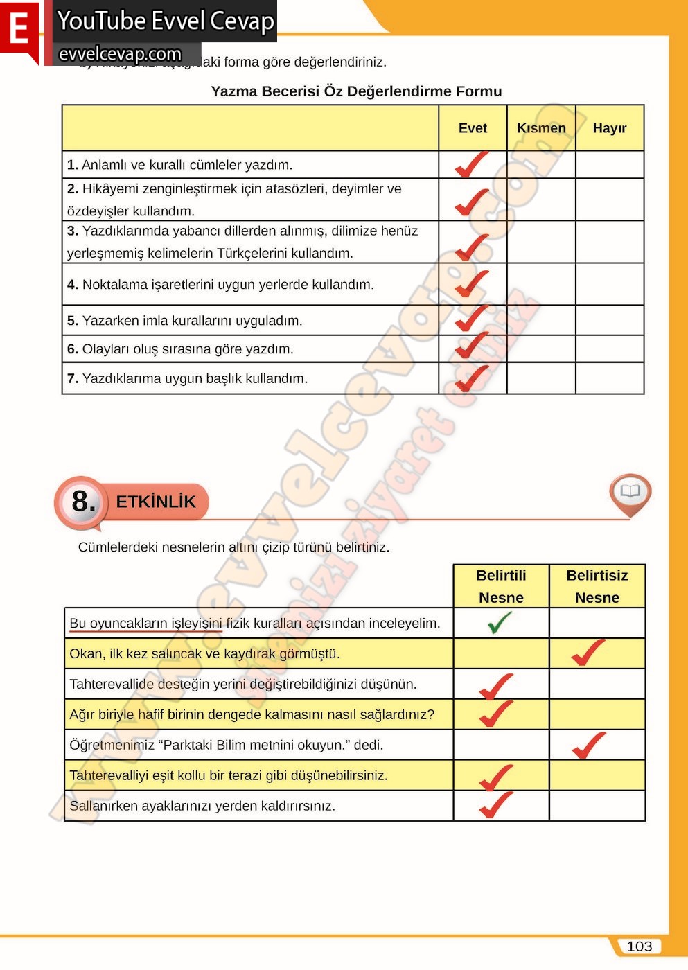 8. sınıf Meb Yayınları T&uuml;rk&ccedil;e Ders Kitabı Cevapları Sayfa 103