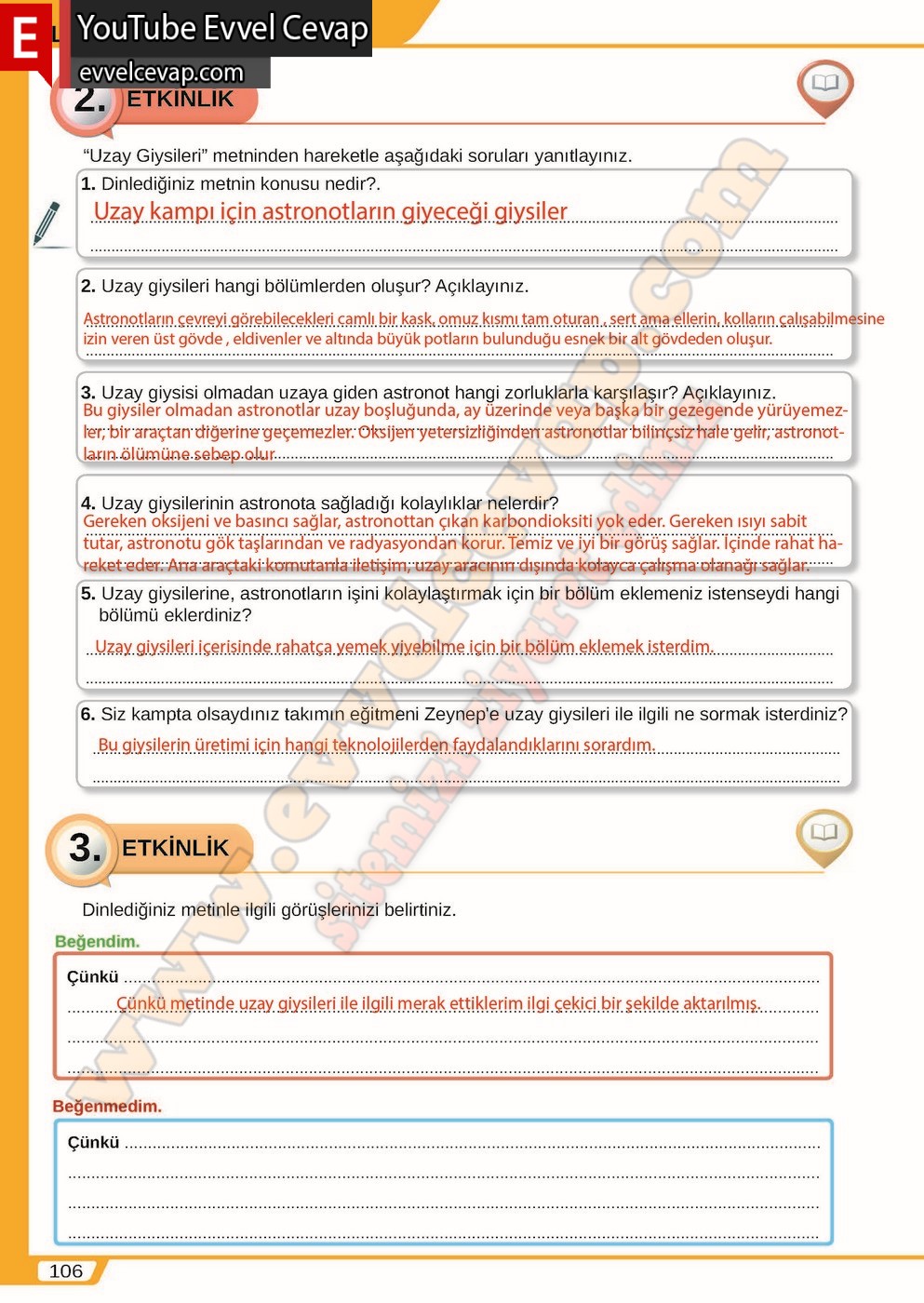 8. sınıf Meb Yayınları T&uuml;rk&ccedil;e Ders Kitabı Cevapları Sayfa 106